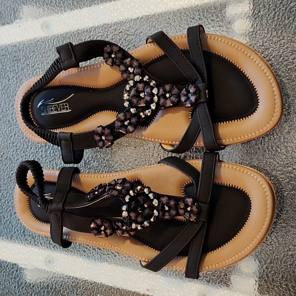 Shibever Black Sparkle Flower Flat Sandals - NWOT